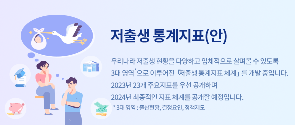 저출산지표. 우리나라 저출산현황을 다양하고 입체적으로 살펴볼 수 있도록 3대 영역으로 이루어진 「저출산 통계지표 체계」를 개발중입니다. 2023년 23개 주요지표를 우선 공개하며 2024년 최종적인 지표 체계를 공개할 예정입니다.